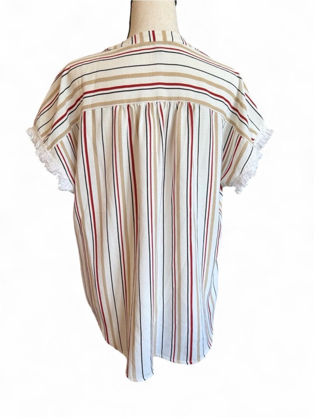 Como Black Vertical Striped Fringe Sleeve Henley V-Neck Blouse Boho Size L - Picture 4 of 9